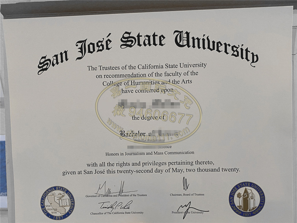 领取20年圣何塞州立大学毕业证书文件|办理美国SJSU文凭成绩单渠道