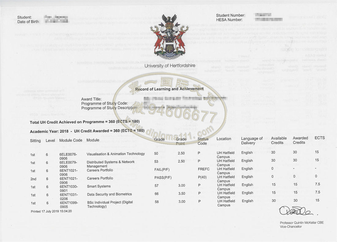 排版赫特福德大学成绩单GPA，丢失补英国Hertfordshire文凭证书