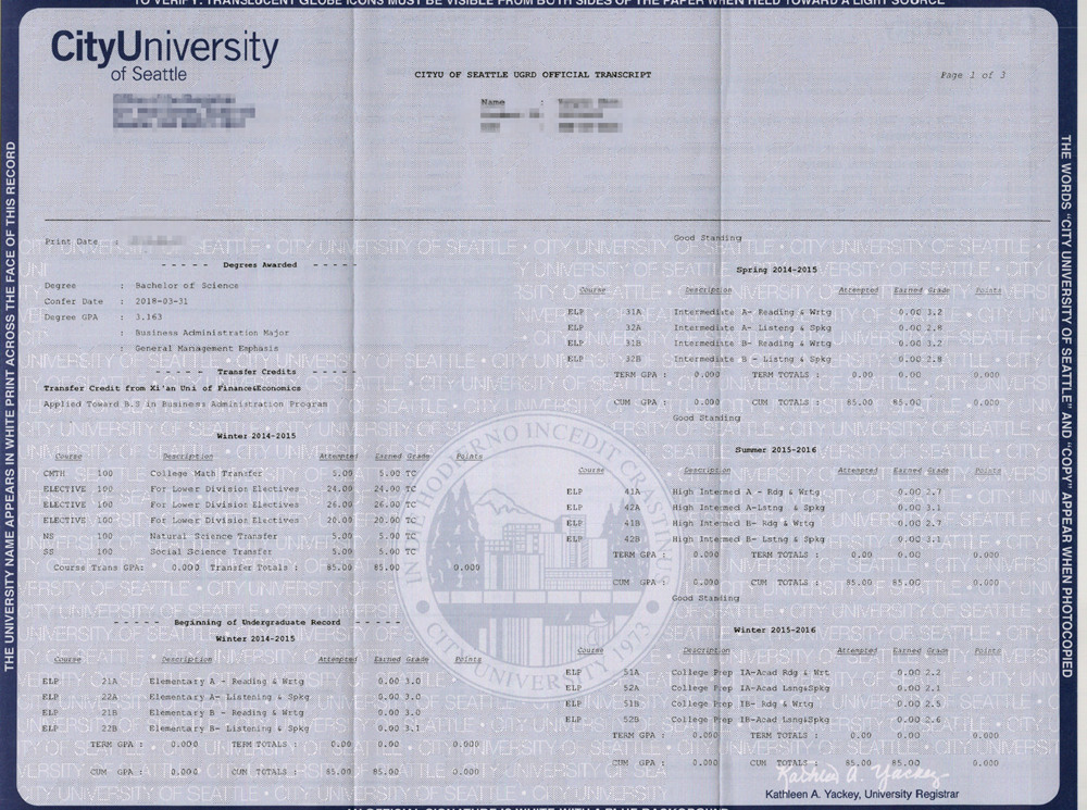 西雅图城市大学成绩单扫描图，CityU Seattle文凭质量杠杆的