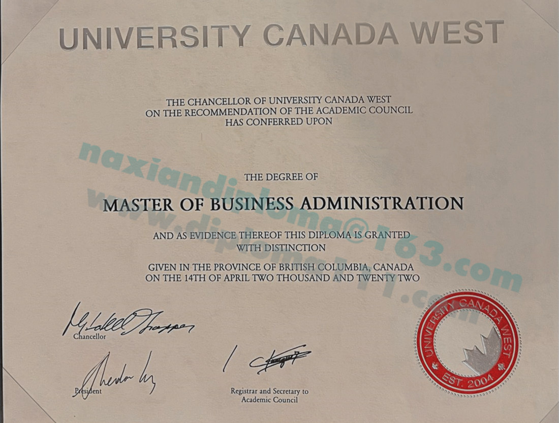 加拿大UCW线上文凭办理，加西大学MBA硕士学位证样式图